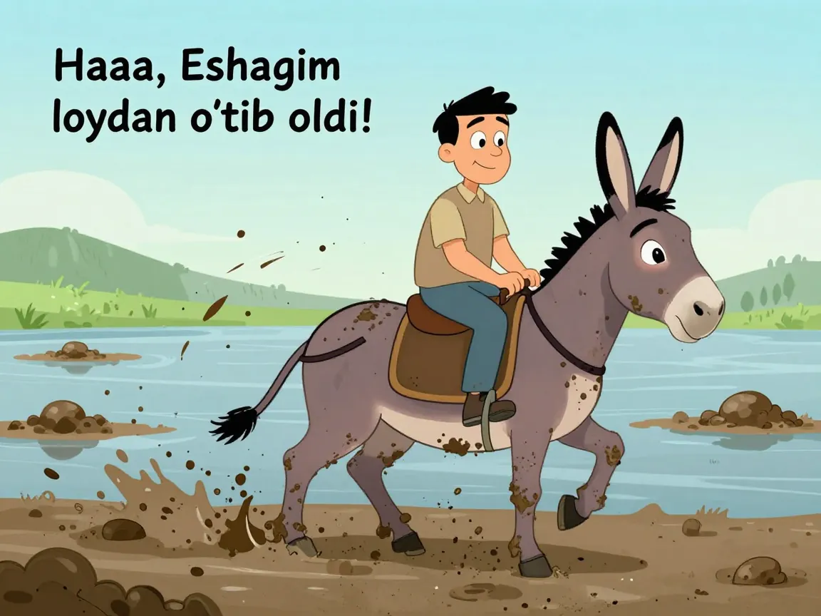 Multiplikatsiya uslubida, botqoqlikdan hozirgina qutqarib olingan eshakni ustida …
